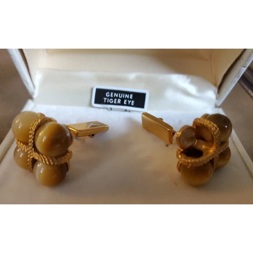 Vtg 1960's‎ Tiger Eye Cufflinks Don Loper of California Mens Goldtone Flaw Read